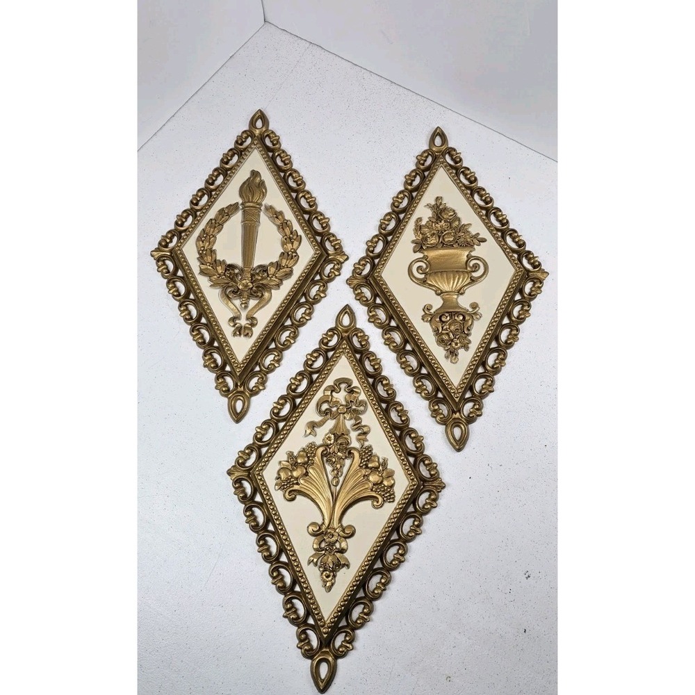 VTG 1971 Homco Syroco Hollywood‎ Regency Gold Wall Plaques Set Of 3 MCM Diamond
